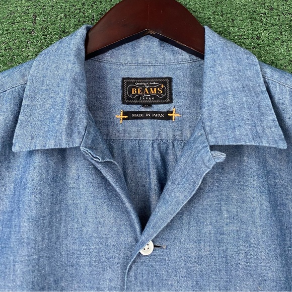 Beams Plus Blue Cotton Chambray Camp Collar Button Up Shirt Medium Made in Japan - Picture 12 of 16